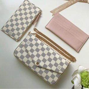Louis Vuitton Damier Azur Pochette Felicie Crossbody Chain Bag Rose Ballerine